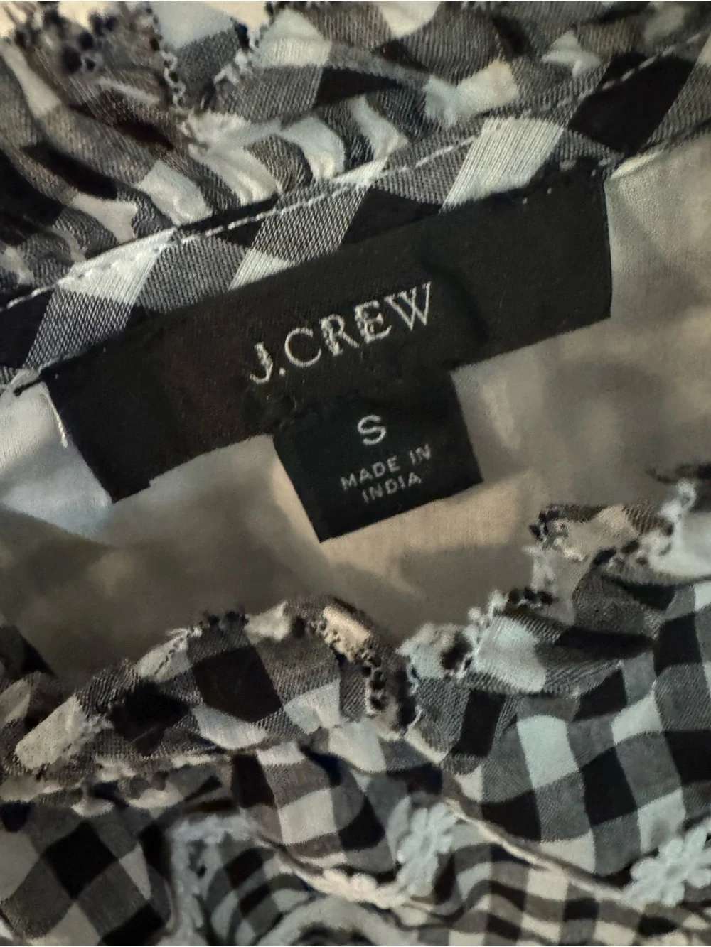 J. Crew Black and White Gingham Lace-Trim Peplum Blouse